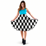 Crisp Carolina blue and black checkered flag midi dress, a chic motorsports-inspired dress with hidden pockets for race fans.