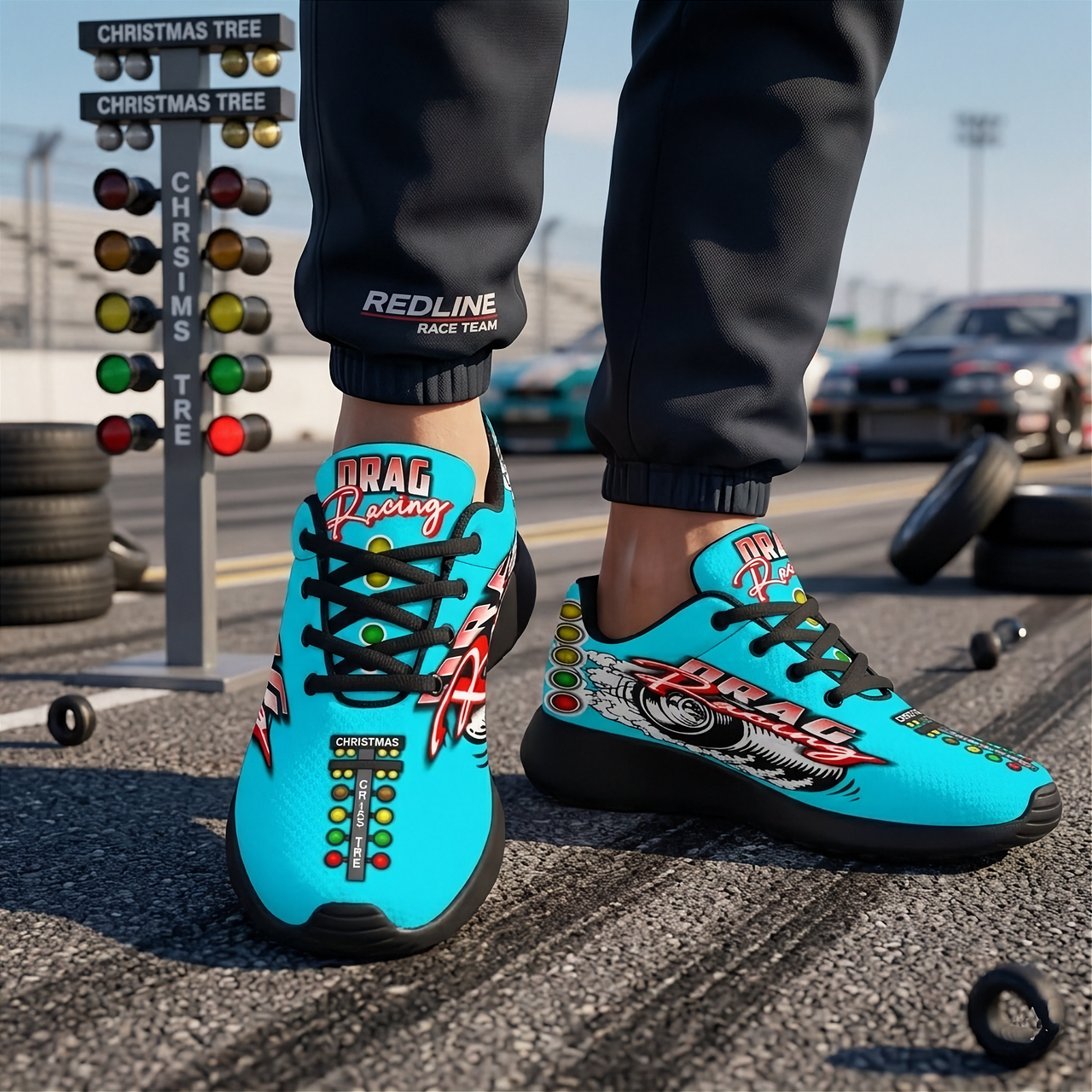 Custom Carolina Blue drag racing sneakers with breathable mesh for track performance.