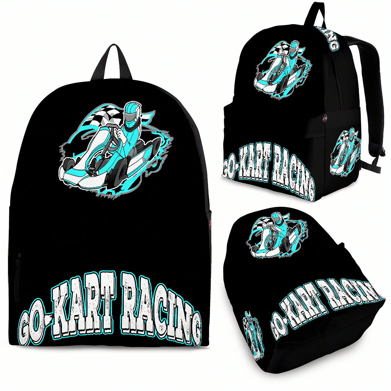 A young boy wearing a Carolina Blue go-kart racing backpack, walking alongside an adult woman toward an outdoor asphalt karting circuit on a bright, sunny afternoon.