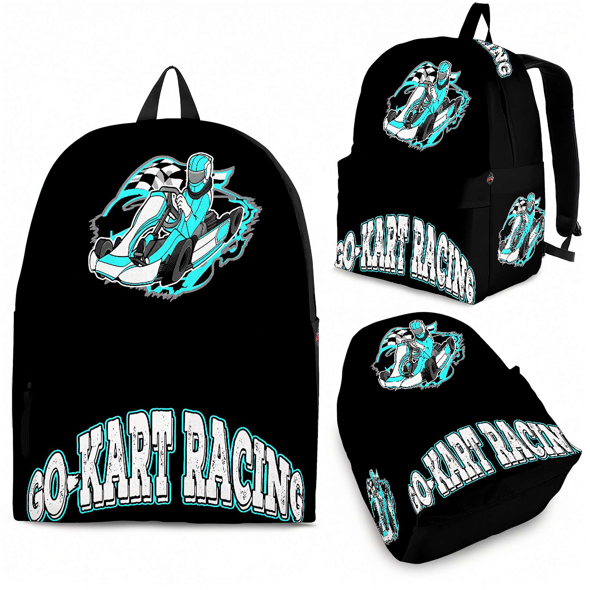 A young boy wearing a Carolina Blue go-kart racing backpack, walking alongside an adult woman toward an outdoor asphalt karting circuit on a bright, sunny afternoon.