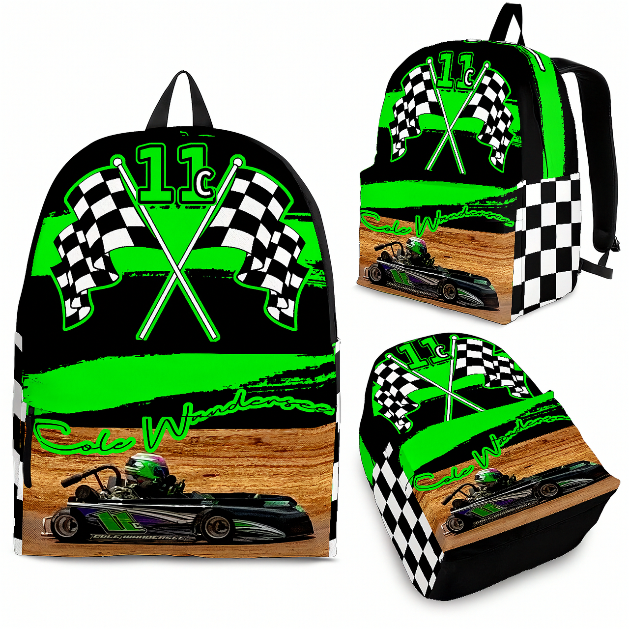 A black backpack shown from multiple angles with a bright green and racing-themed wraparound print featuring checkered flags, the number 11, a race car, and the text 'Cale Winters'.