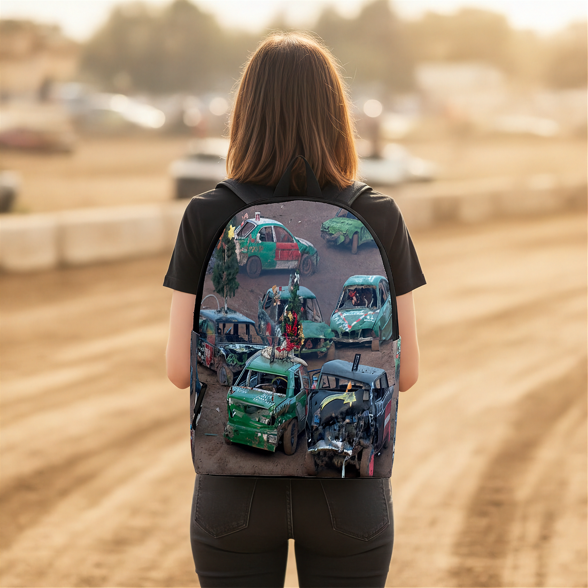 A person viewed from behind wearing a black T-shirt and dark jeans, carrying a backpack with a detailed graphic print of demolition derby racing cars on the back. The background is a blurred dirt track at sunset.