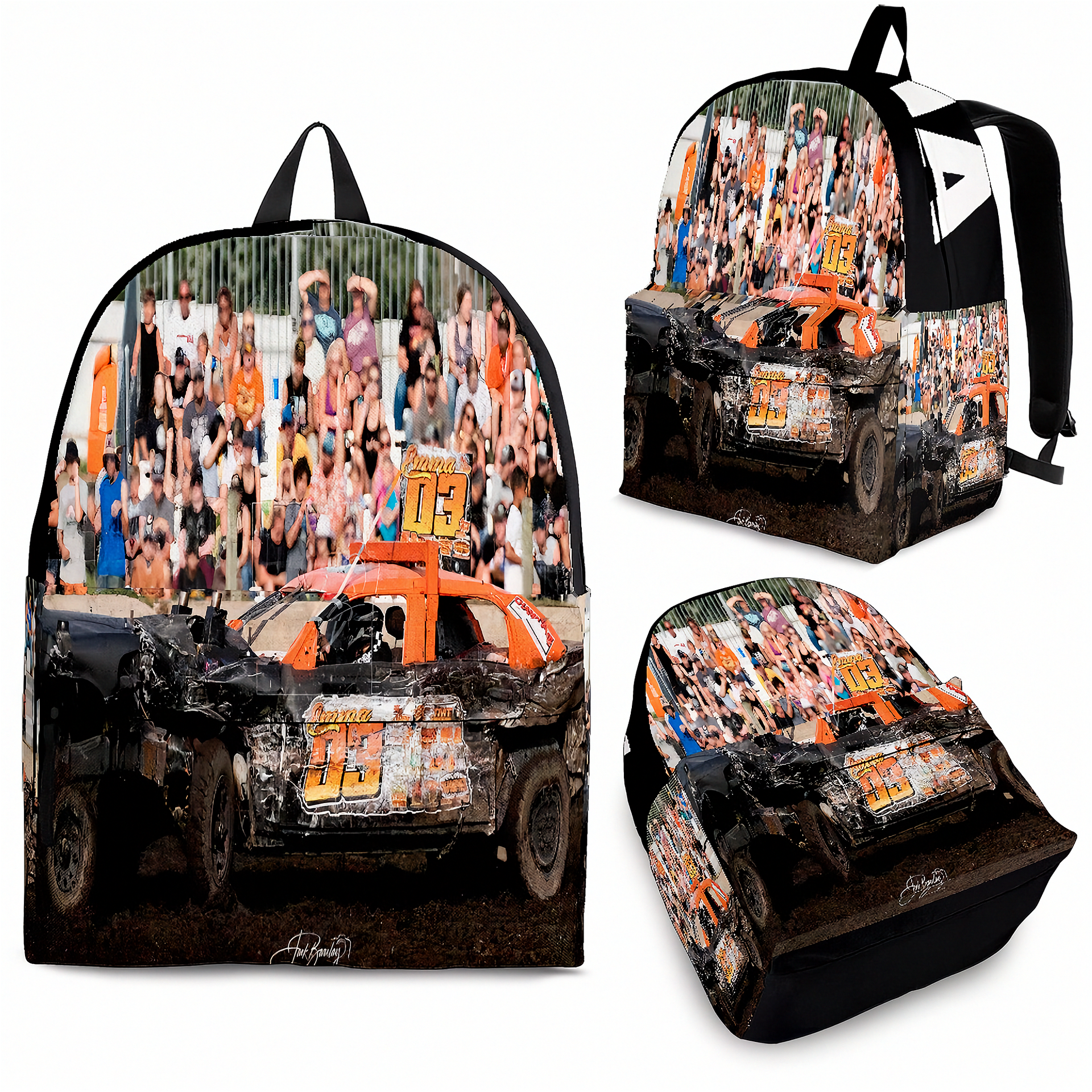 A backpack shown from multiple angles on a plain white background, featuring a printed racing scene with a black demolition derby race car, orange accents, and a crowd of spectators.