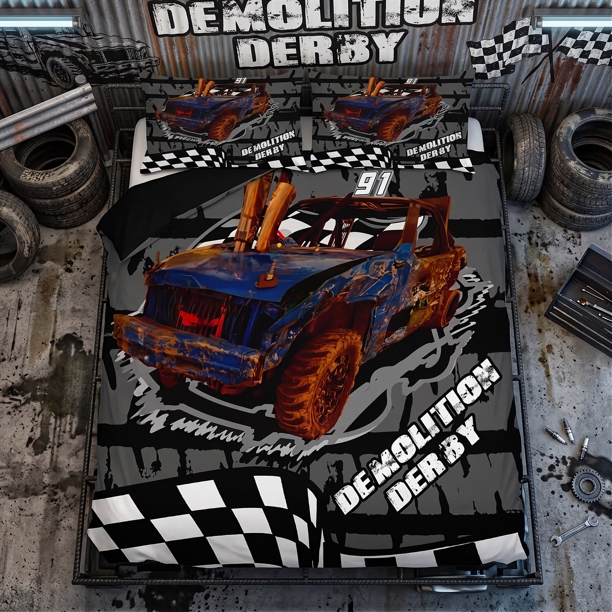 A 3D mockup of a Demolition Derby themed bedding set, including a bedspread and two matching pillowcases, displayed in a rustic garage setting with tires and tools.