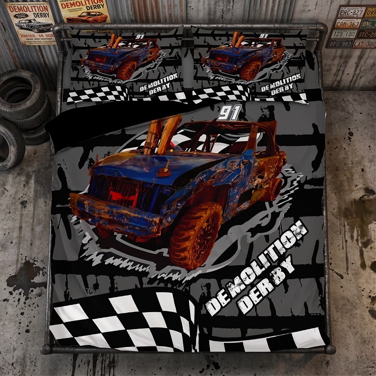 A racing-themed bedding set featuring a duvet cover and two matching pillowcases with a graphic of a blue and orange demolition derby race car, checkered flags, and the text 'DEMOLITION DERBY' and '91', displayed on a bed in a garage-themed room setting.