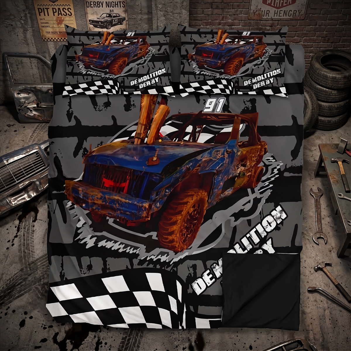 A racing-themed bedding set featuring a large blue and orange race car graphic with black and white checkered flag patterns, shown on a bed with matching pillowcases in a garage-style room setting.