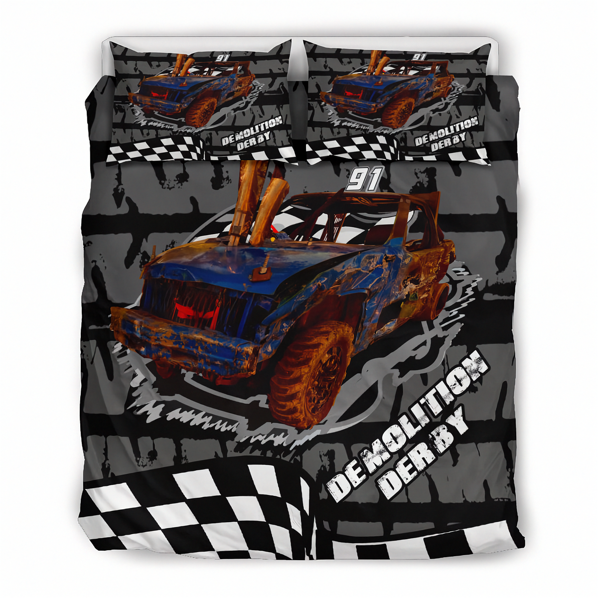 A bedding set featuring a bold graphic print of a blue and rusted off-road race car with the text 'DEMOLITION DERBY' and '91', set against a dark gray and black grunge background with checkered flag patterns.
