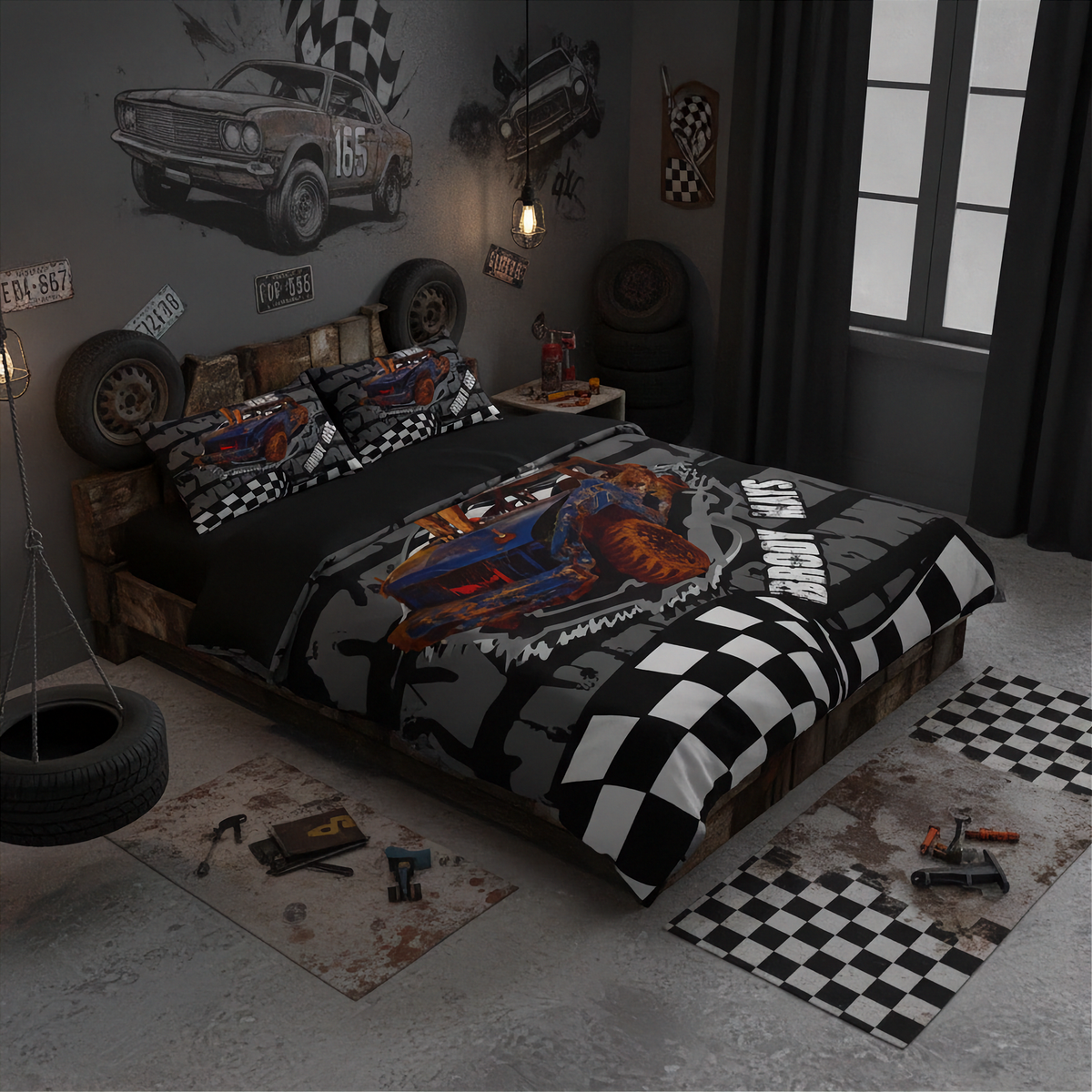 A racing-themed bedding set displayed on a bed in a dark, styled bedroom. The set includes a duvet cover and two pillowcases featuring a graphic of a blue race car on a gray camouflage background with a black-and-white checkered stripe.