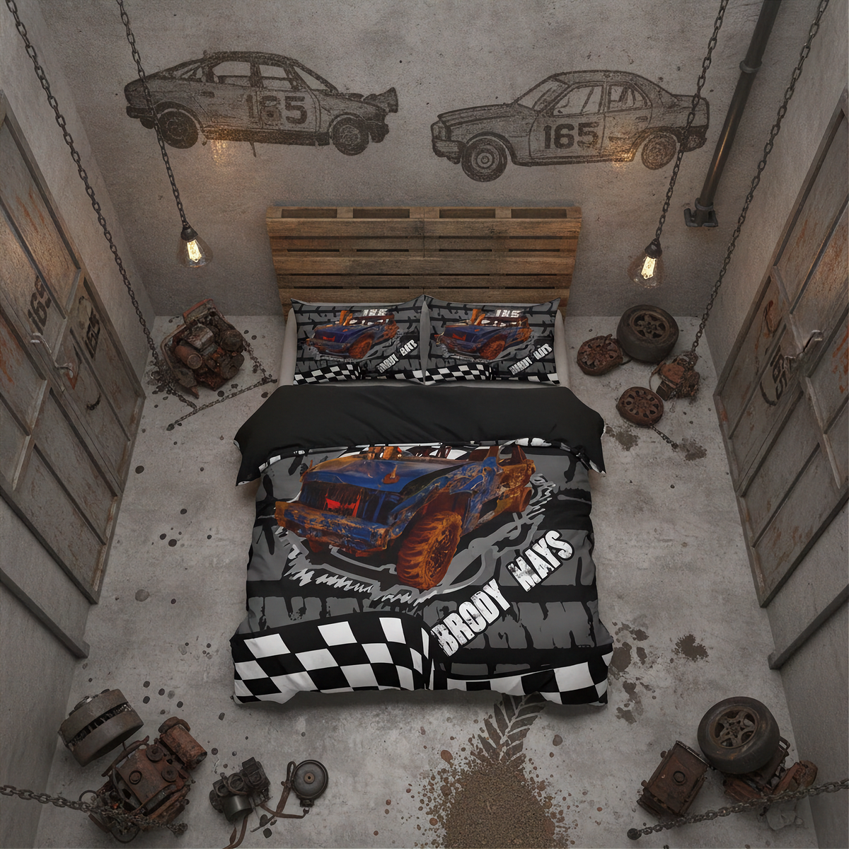 A top-down bedroom scene styled like a garage, featuring a bed with a racing-themed bedding set. The duvet cover and pillowcases display a blue and orange race car with flames, a black-and-white checkered pattern, and the text 'Demolition derby'.