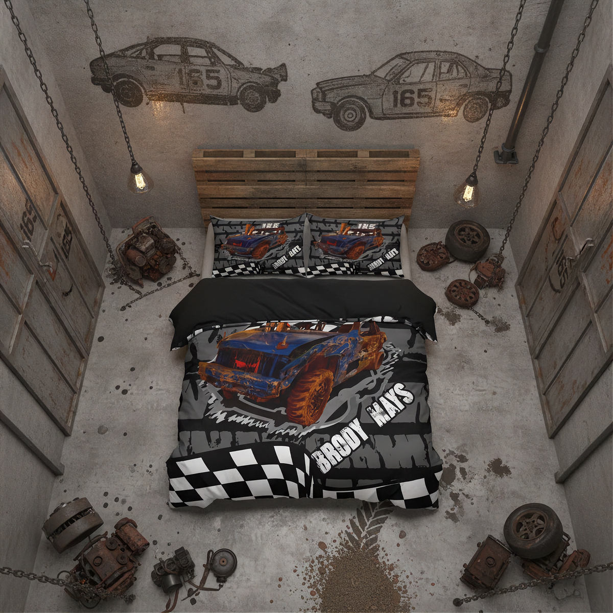 A top-down view of a bed dressed in a racing-themed duvet cover and pillowcases, placed in a gritty industrial room with concrete walls, hanging lights, and racing car graphics on the wall.