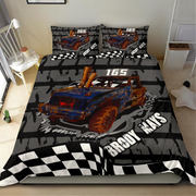 A racing-themed bedding set featuring a duvet cover and two matching pillowcases with a graphic of a rusty blue race car, the number 165, and 'DEMOLITION DERBY' text over a gray grunge background with black-and-white checkered stripes.