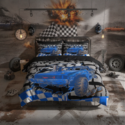 A bed dressed in a blue and black demolition derby truck-themed bedding set, styled in a rustic, grunge-themed bedroom with car wheels, a clock, and a racing explosion mural on the wall.