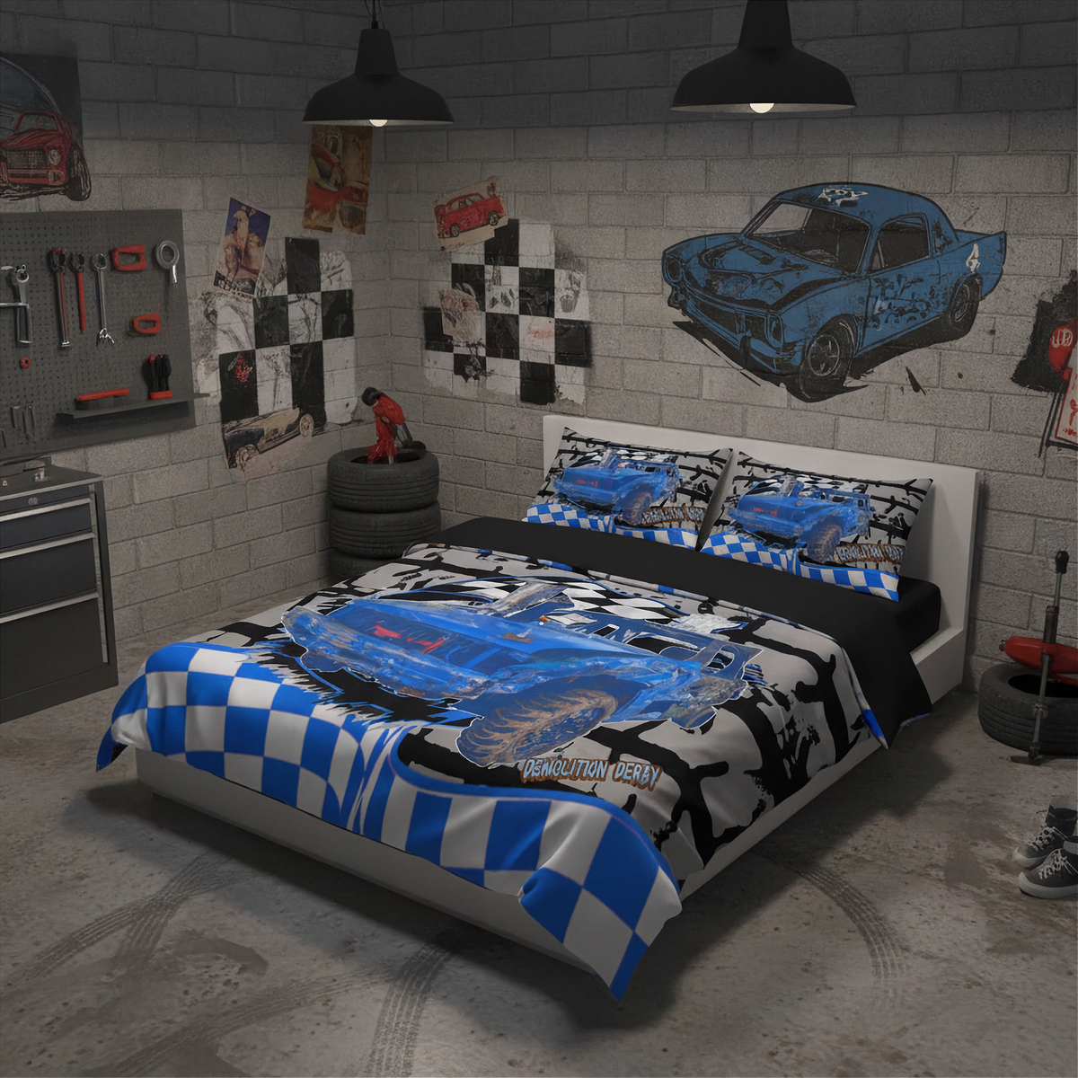 A racing-themed bedding set featuring a blue demolition derby race car and blue-and-white checkered pattern, displayed on a bed in a garage-style bedroom setting.