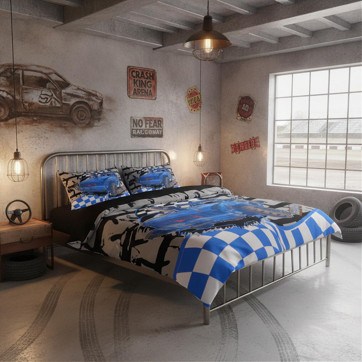 A bed dressed in a blue, black, and white racing-themed bedding set with a checkered blanket and patterned pillows, placed in a rustic industrial-style bedroom with racing wall decals and a metal bed frame.
