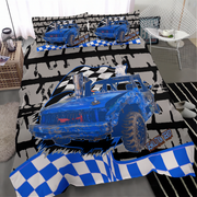 A racing-themed bedding set featuring a blue race car, checkered flags, and a black-and-white grunge pattern, shown on a bed in a modern bedroom setting.