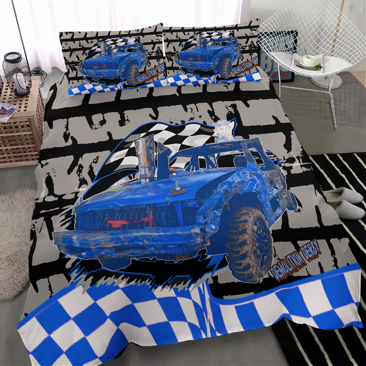 A racing-themed bedding set featuring a blue race car, checkered flags, and a black-and-white grunge pattern, shown on a bed in a modern bedroom setting.
