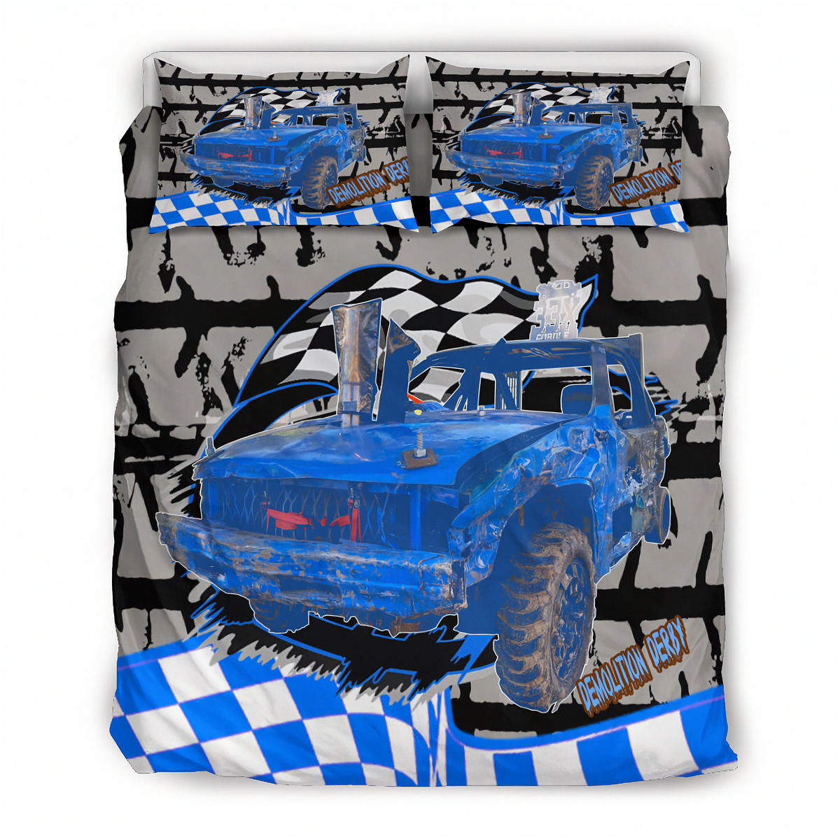 A bedding set featuring a blue demolition derby vehicle graphic over a black, white, and gray brush-stroke background, with blue-and-white checkered flag patterns. The set includes a duvet cover and two matching pillowcases, all printed with racing-themed graphics and text.