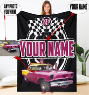 woman holding a pink custom demolition derby blanket