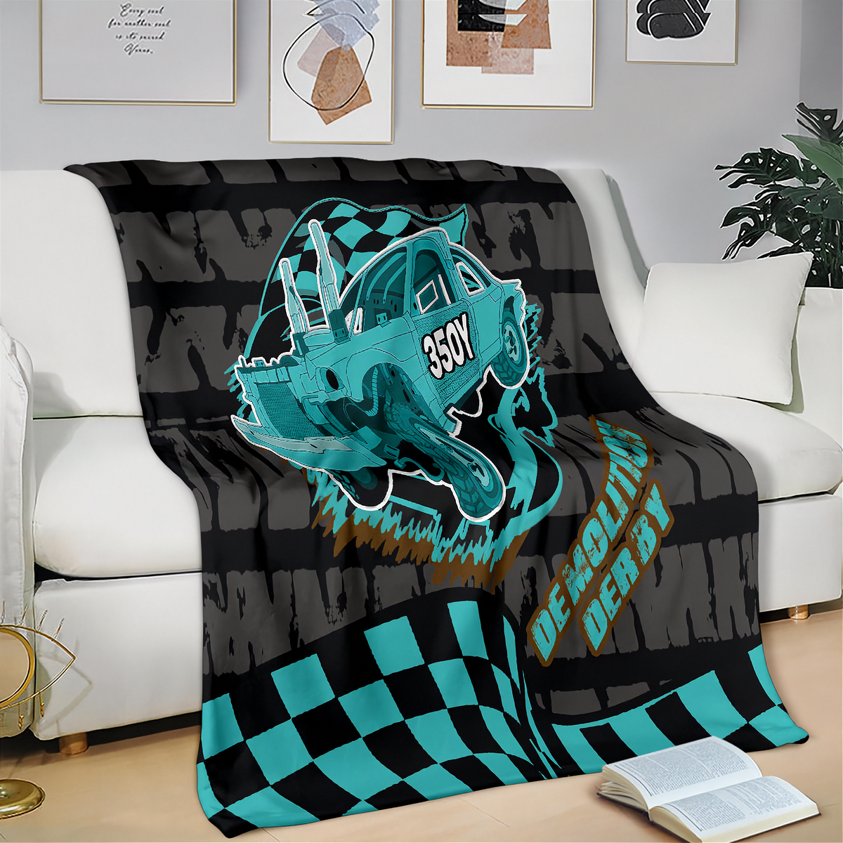 personalized demolition derby blanket with a blue 350Y car, checkered flags, and a dark tire-track background.