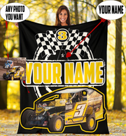 A woman holding a custom dirt modified blanket with custom text "YOUR NAME" and custom number "3"