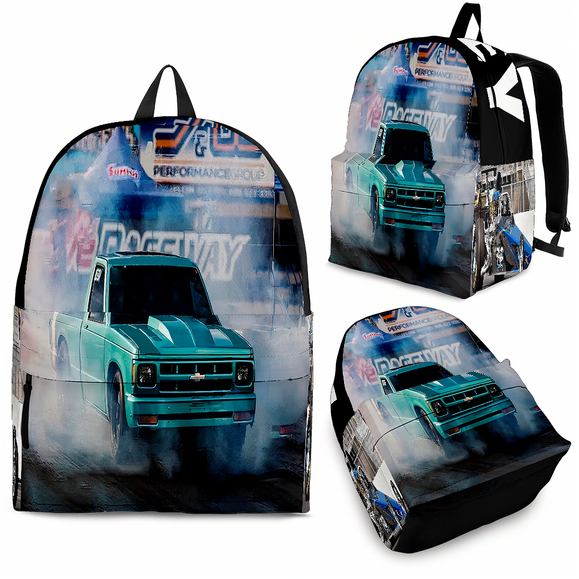 A backpack shown from multiple angles on a plain white background, featuring a wraparound drag racing truck graphic with smoke, track signage, and a turquoise pickup truck. No person, animal, or real environment is present, so this is Product/Packaging.