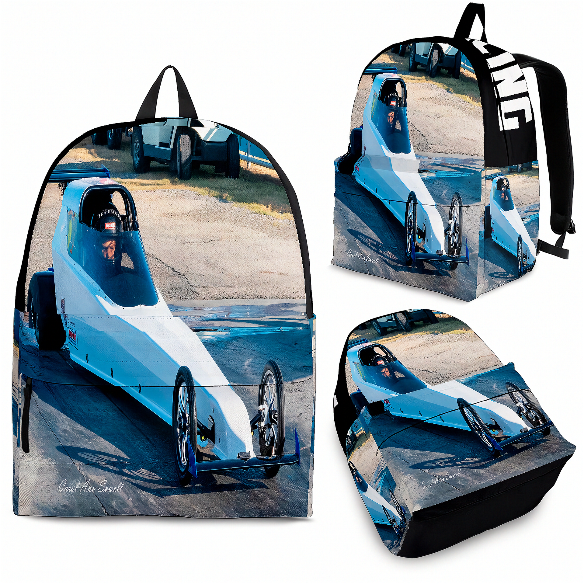A backpack shown from multiple angles on a white background, featuring a printed photo of a blue and white dragster with a driver. The backpack has black straps and trim, and the print includes visible text and a signature.