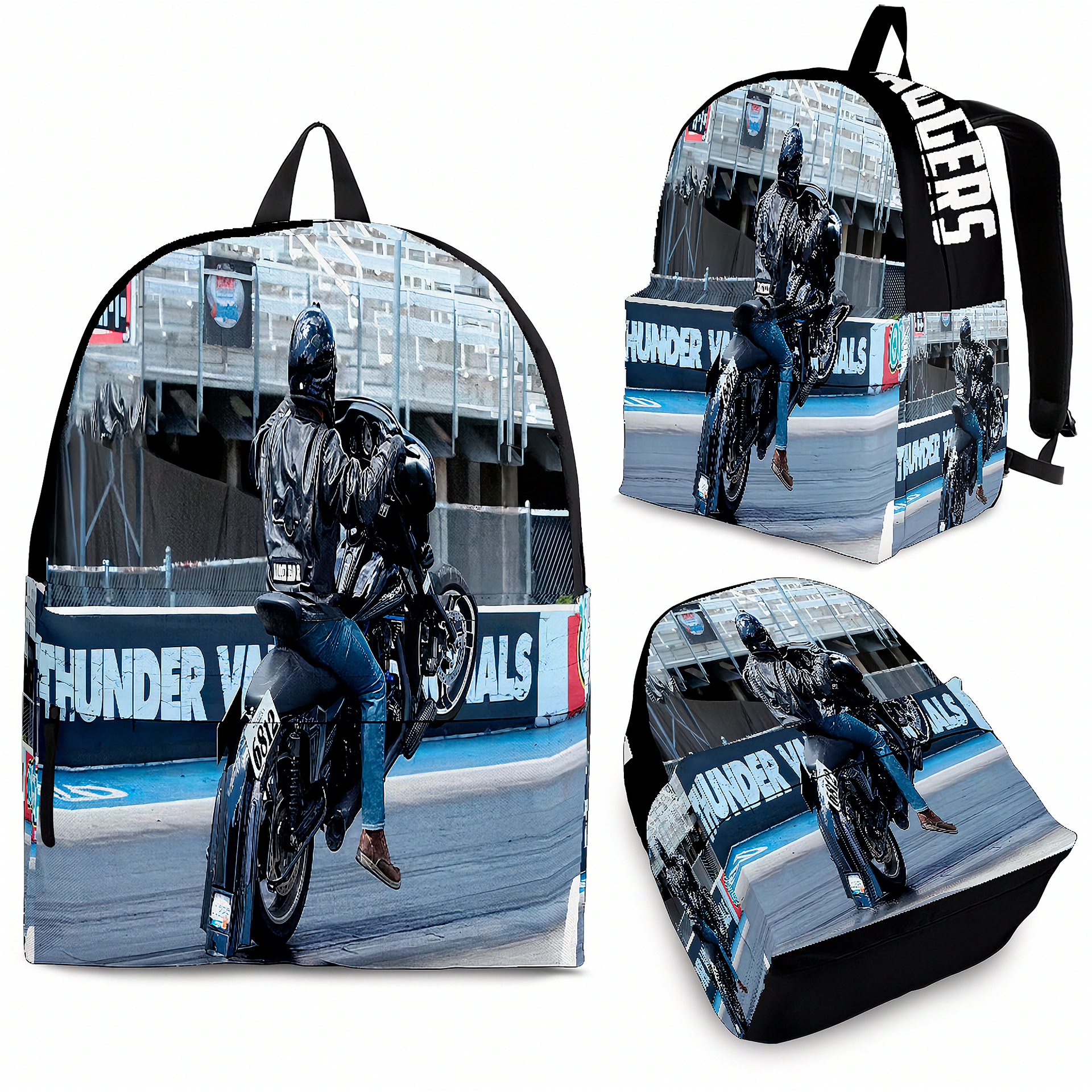 A backpack shown from multiple angles on a white background, printed with a motorcycle rider racing scene and large white 'drag racing' text on the side.