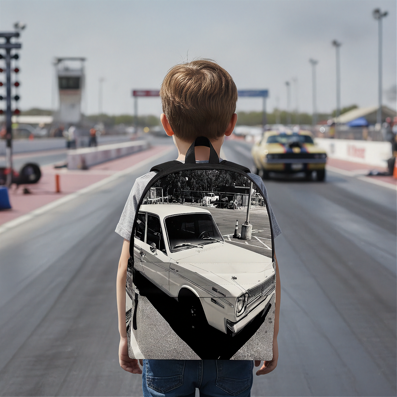 A child viewed from behind standing on a racetrack, wearing a backpack with a large black-and-white print of a vintage car on the back.