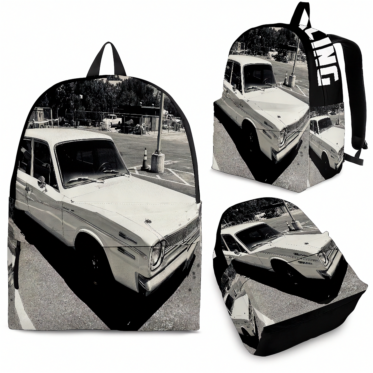 A backpack shown from multiple angles on a white background, printed with a black-and-white photograph of a vintage car. The backpack has black shoulder straps and side trim, and the print is a high-contrast monochrome scene.