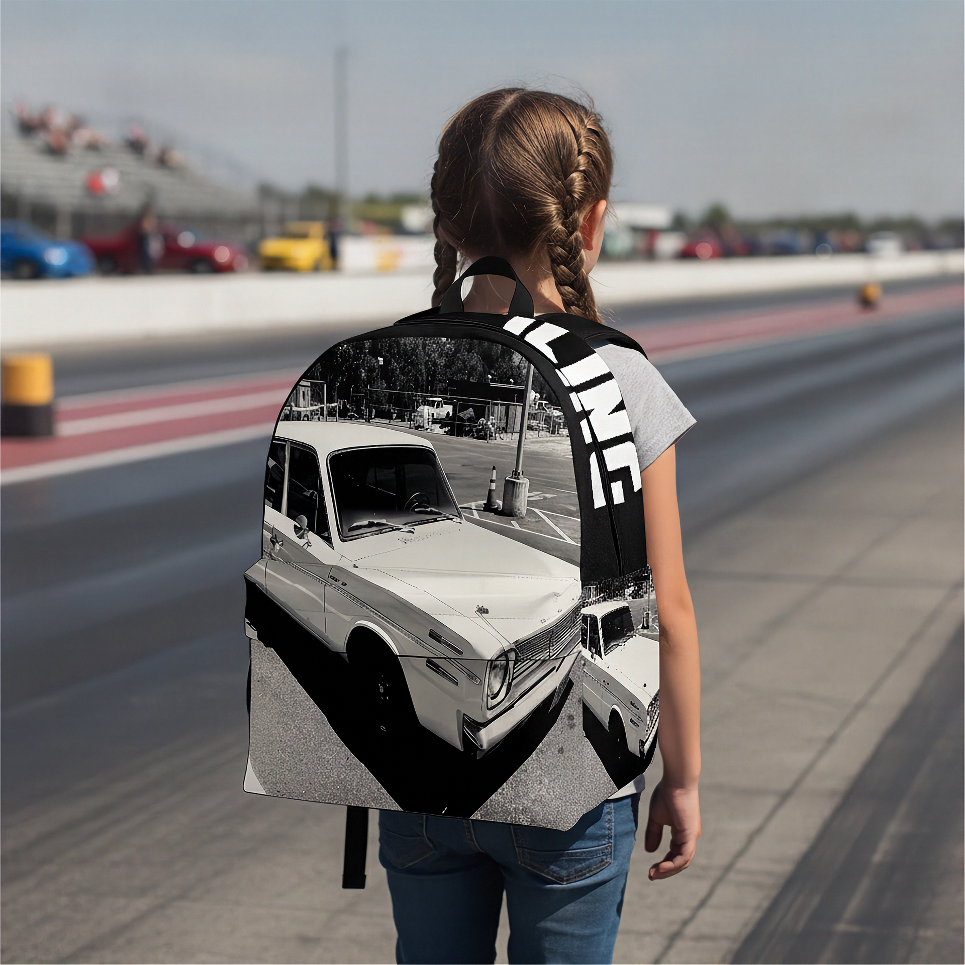 A black backpack shown from multiple angles with a bright green and racing-themed wraparound print featuring checkered flags, the number 11, a race car, and the text 'Cale Winters'.