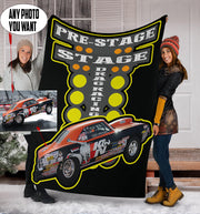 Custom Drag Racing Blanket featuring vibrant drag racing graphics on premium suede polyester with a cozy micro-fleece underside.