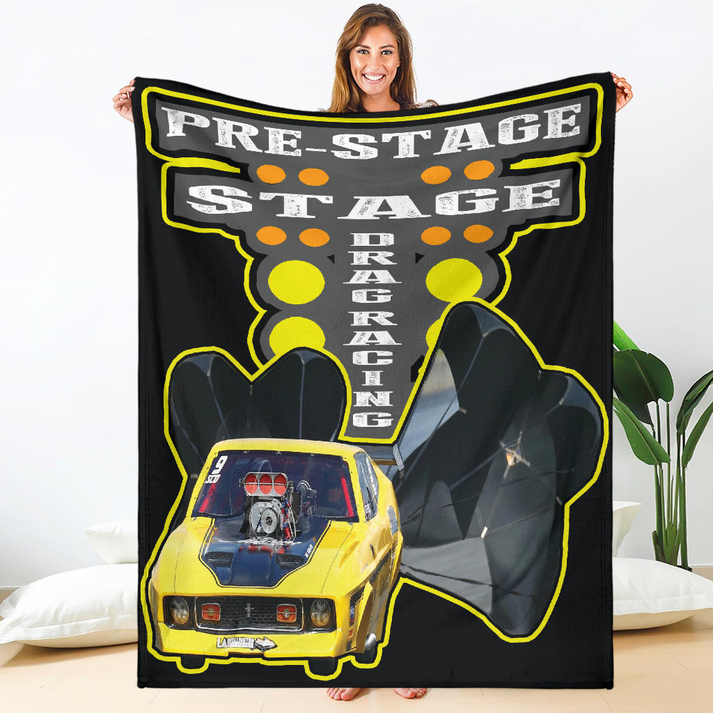 Custom Drag Racing Blanket featuring vibrant drag racing graphics on premium suede polyester with a cozy micro-fleece underside.