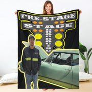 Custom Drag Racing Blanket featuring vibrant drag racing graphics on premium suede polyester with a cozy micro-fleece underside.