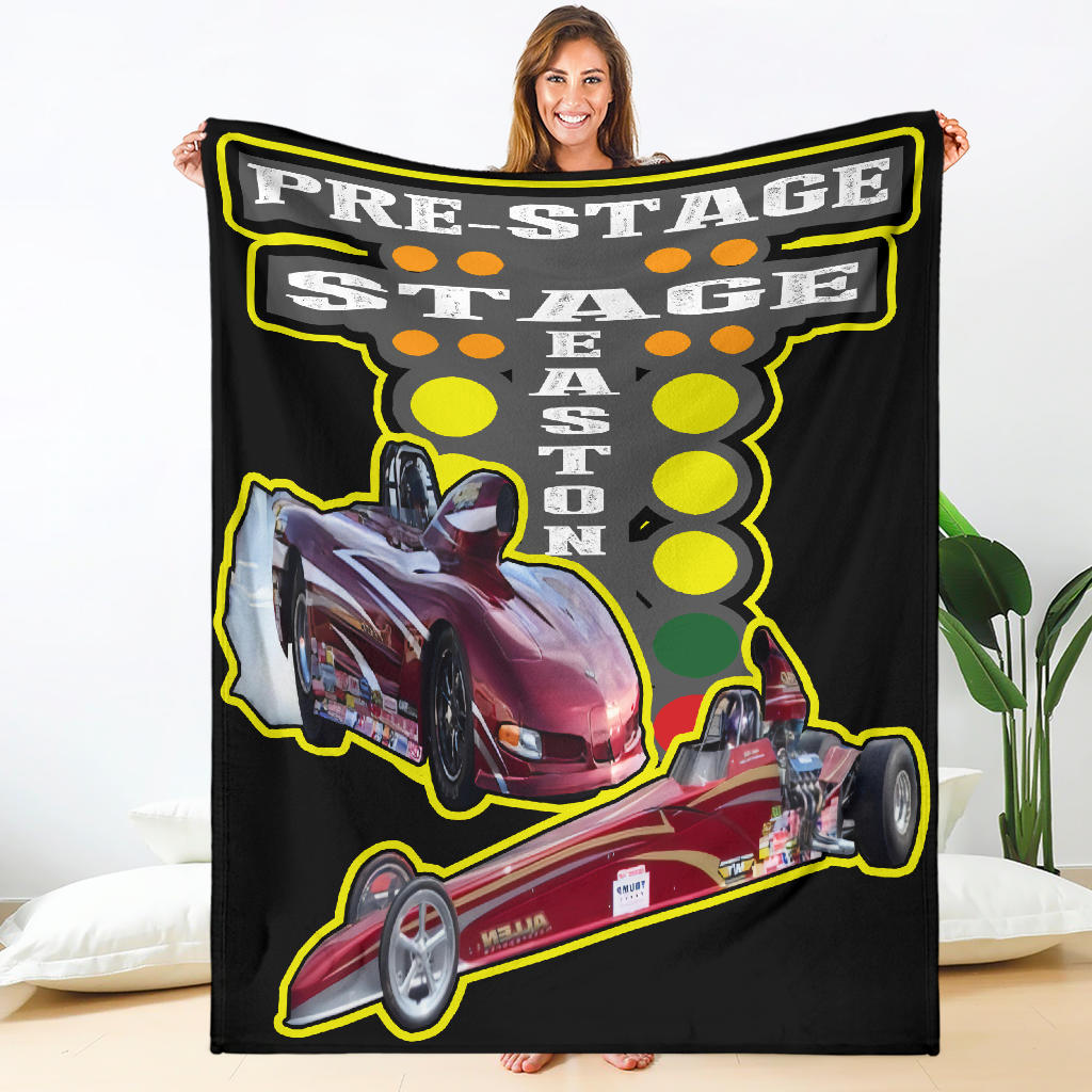 Custom Drag Racing Blanket featuring vibrant drag racing graphics on premium suede polyester with a cozy micro-fleece underside.