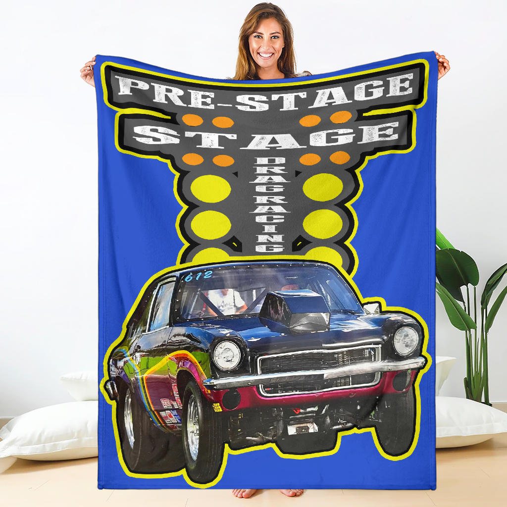 Custom Drag Racing Blanket featuring vibrant drag racing graphics on premium suede polyester with a cozy micro-fleece underside.