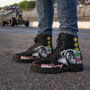 Custom Drag Racing Boots featuring a double-sided motorsports print, vegan leather construction, and high-traction rubber outsoles for drag racing enthusiasts.