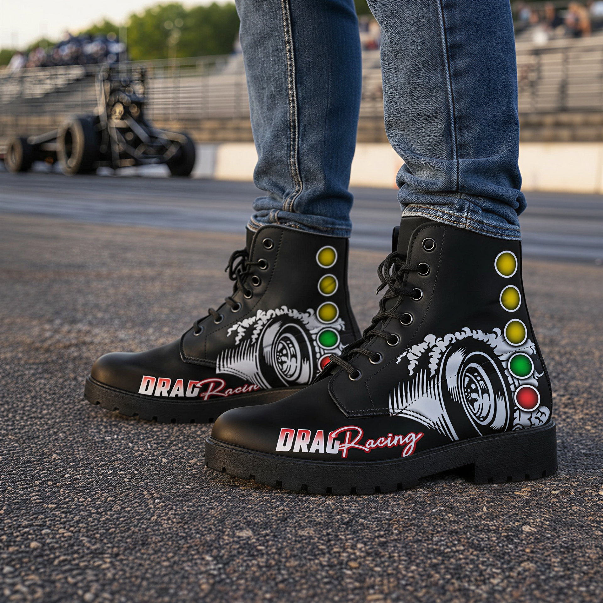 Custom Drag Racing Boots featuring a double-sided motorsports print, vegan leather construction, and high-traction rubber outsoles for drag racing enthusiasts.