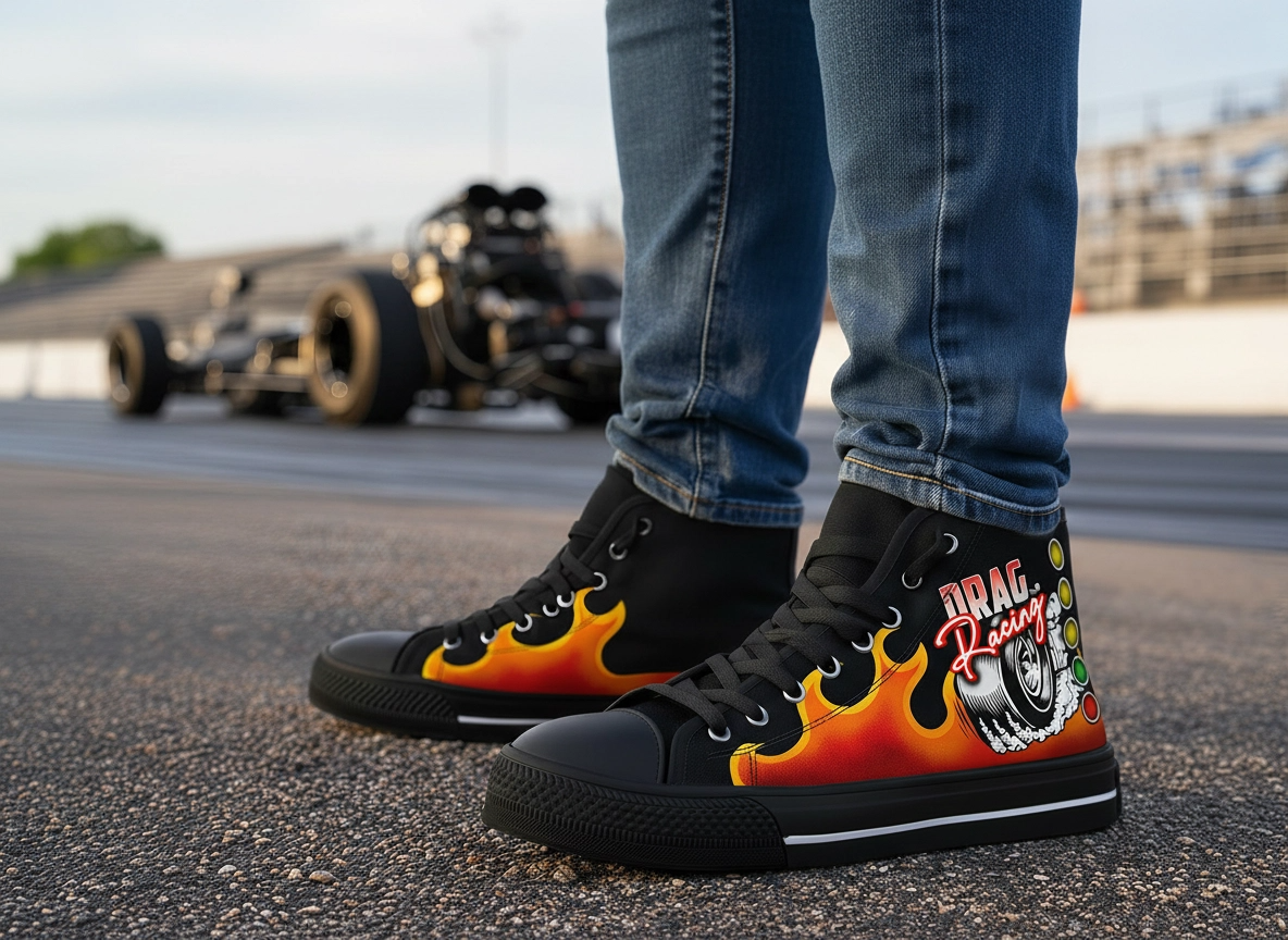 Custom Drag Racing High Top Shoes featuring a classic canvas design, lace-up closure, and motorsports styling for trackside and everyday wear.
