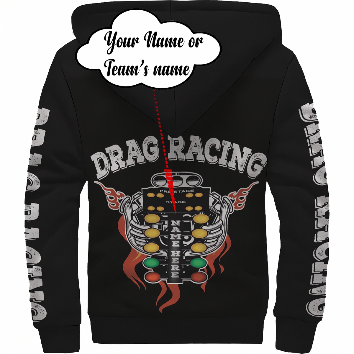 Black sherpa hoodie shown from the back with a large drag racing graphic featuring a chrome engine, flames, and the words 'DRAG RACING' across the upper back. The sleeves also have vertical white text reading 'DRAG RACING'.