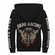 Black hoodie shown from the back with a large drag racing graphic featuring a chrome engine, flames, and the words 'DRAG RACING' across the upper back. The sleeves also have vertical white text reading 'DRAG RACING'.