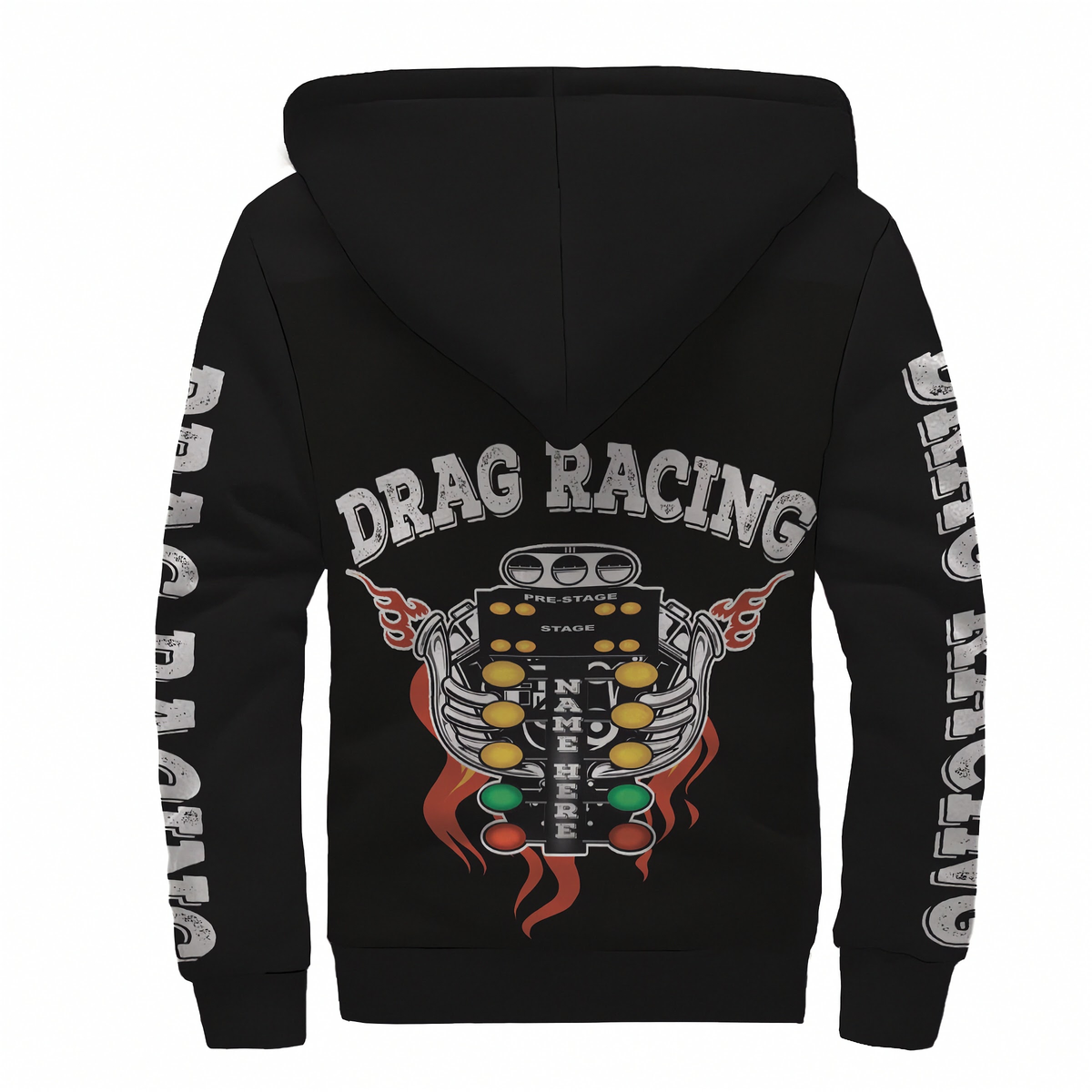 Black hoodie shown from the back with a large drag racing graphic featuring a chrome engine, flames, and the words 'DRAG RACING' across the upper back. The sleeves also have vertical white text reading 'DRAG RACING'.