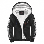 Black hoodie shown from the front with a large drag racing graphic featuring a chrome engine, flames, and the words 'DRAG RACING' across the upper back. The sleeves also have vertical white text reading 'DRAG RACING'.