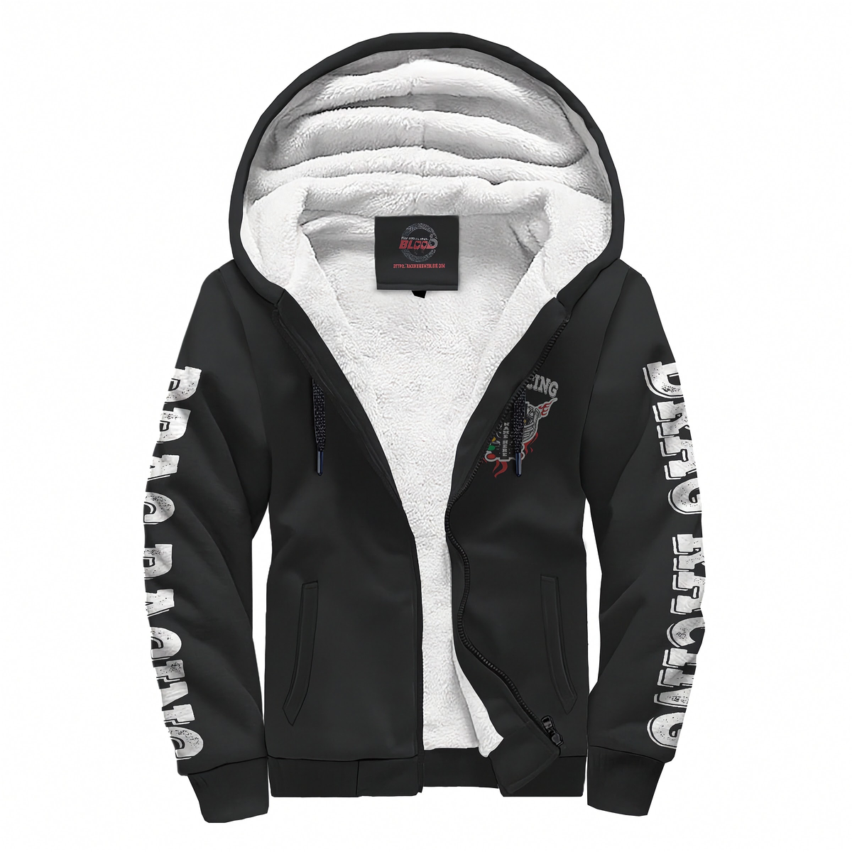 Black hoodie shown from the front with a large drag racing graphic featuring a chrome engine, flames, and the words 'DRAG RACING' across the upper back. The sleeves also have vertical white text reading 'DRAG RACING'.