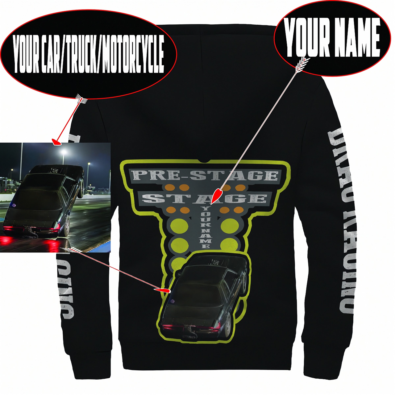 Custom Drag Racing Sherpa Jacket featuring a personalized photo and name on a high-quality zip-up hoodie with ultra-soft sherpa lining for motorsports fans.
