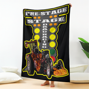 Fleece blanket with drag racing design and text on a white background