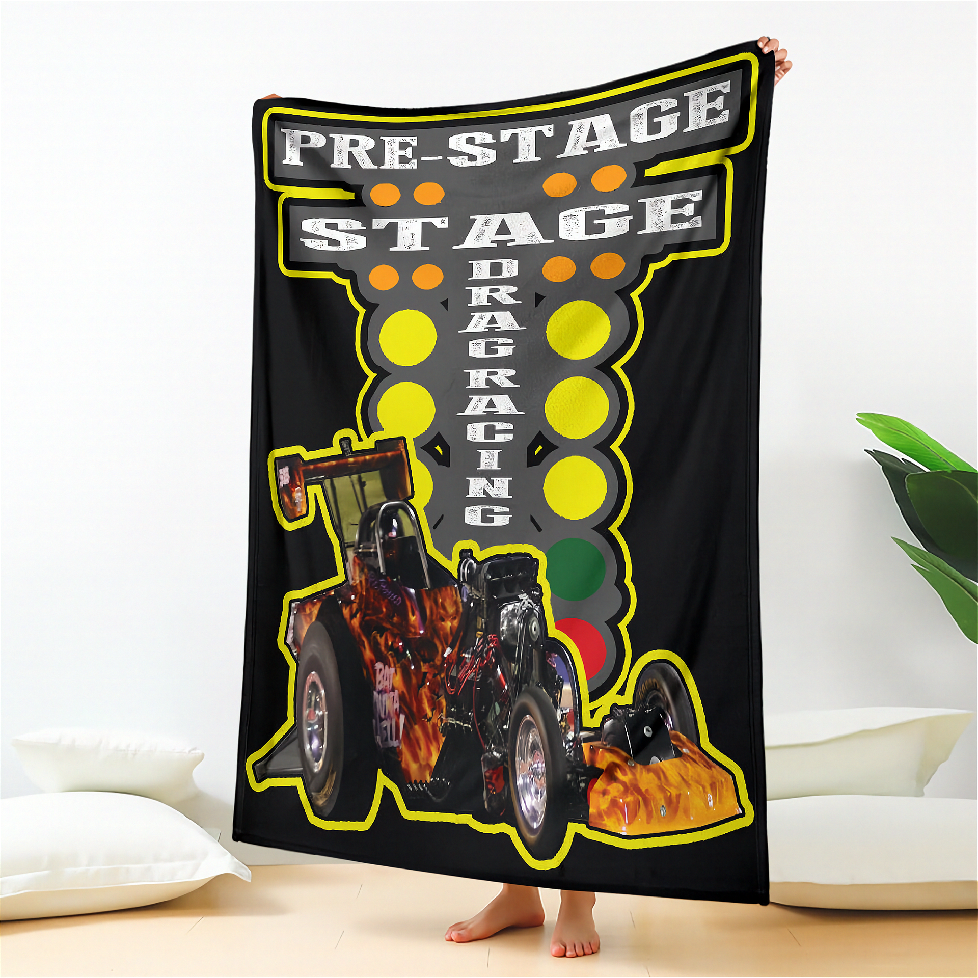 Fleece blanket with drag racing design and text on a white background