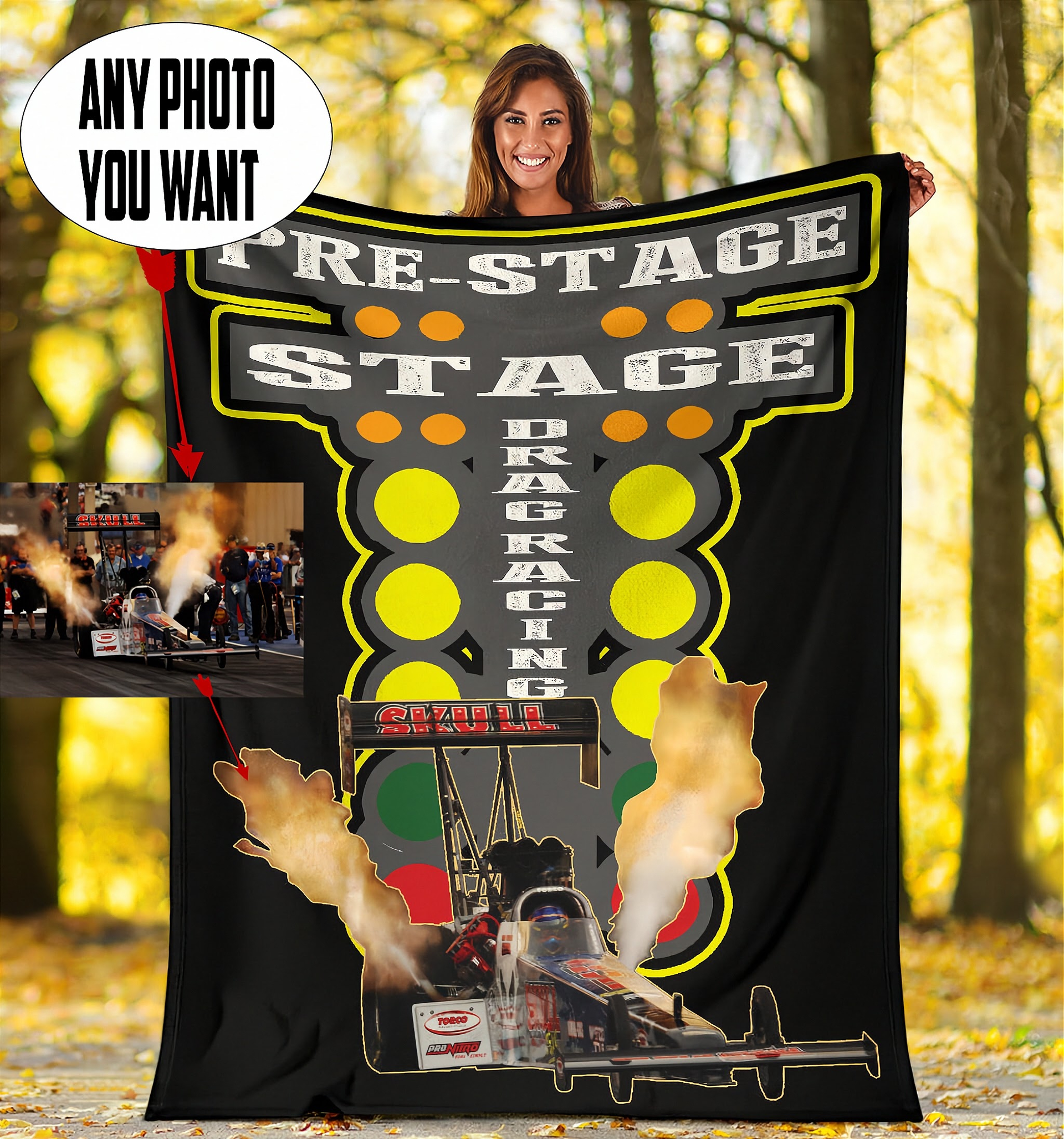 Woman holding a 'Pre-Stage Stage Drag Racing' blanket with a forest background