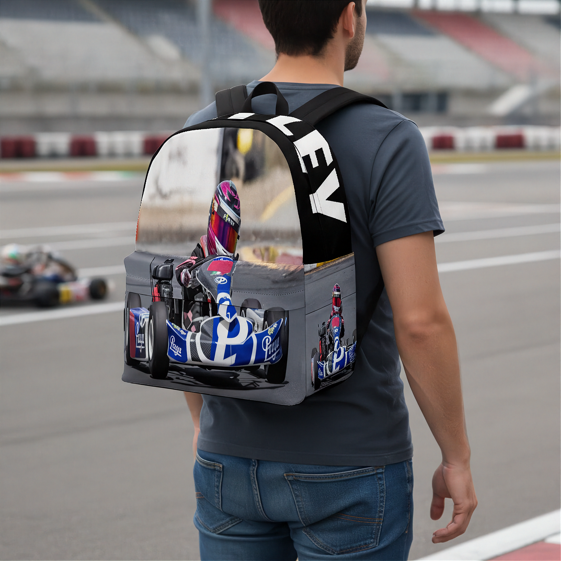 a man standing in a karting arena and wearing a custom kart racing backpack