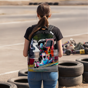a woman standing in a karting arena and wearing a custom kart racing backpack