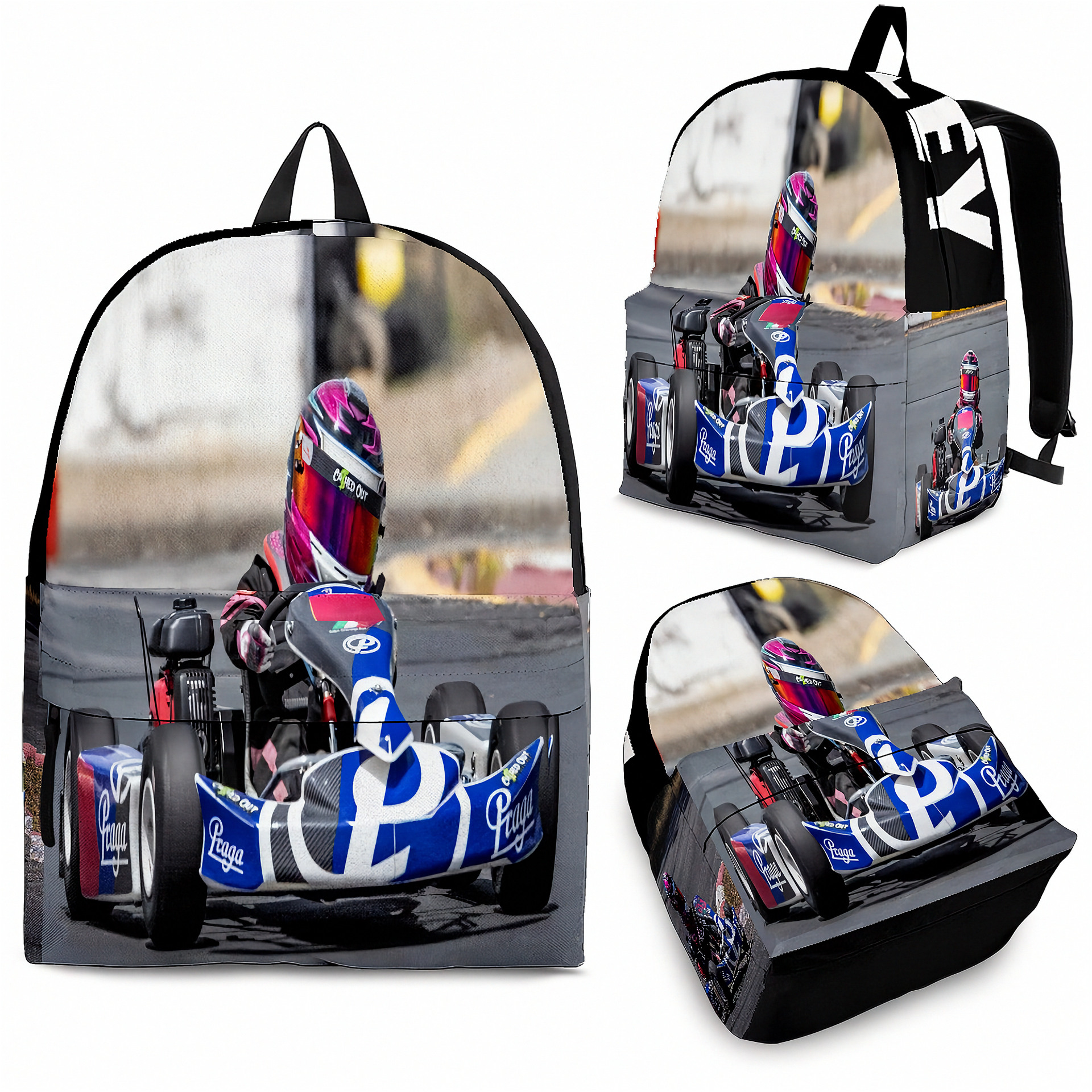 A backpack shown from multiple angles on a white background, featuring a full-color printed graphic of a go-kart racing scene with a driver in a blue, white, and red kart.